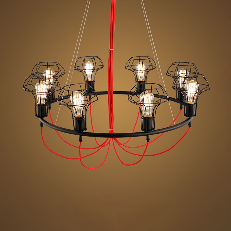 Iron Mushroom Cage Chandelier Light Industrial 8 Heads Restaurant Hanging Pendant Lamp in Black