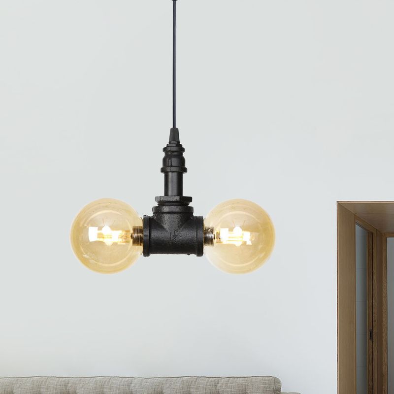 2 Bulbs Ceiling Chandelier Industrial Coffee House Suspension Lamp with Globe/Capsule Amber Glass Shade in Black