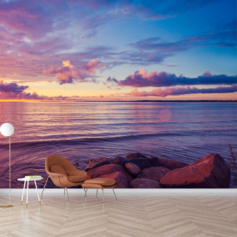 Sunset Above Sea Surface Mural Blue-Purple Modernist Wall Decor for Home Gallery