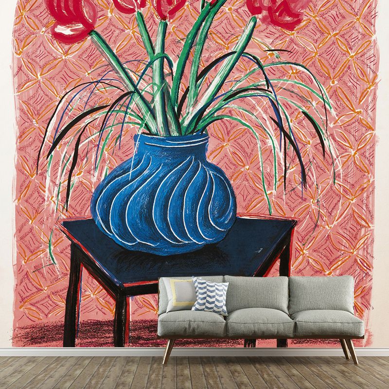 Large Amaryllis in Vase Murals for Bedroom Still Life Wall Art in Pink-Blue-Green, Washable