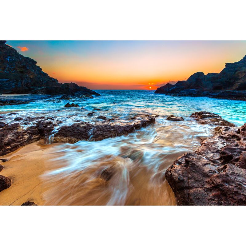 Rock and Sunset Seascapes Mural Yellow-Blue Modern Style Wall Decor for Living Room