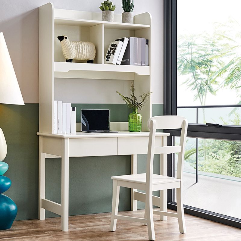 Solid Wood Writing Desk in White Kid's Desk with Shelf and Drawer