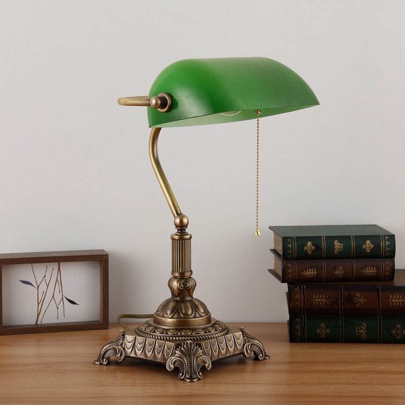 1 Light Rollover Shade Metal Night Light Country Green Glass Nightstand Lamp with Pull Chain for Bedroom