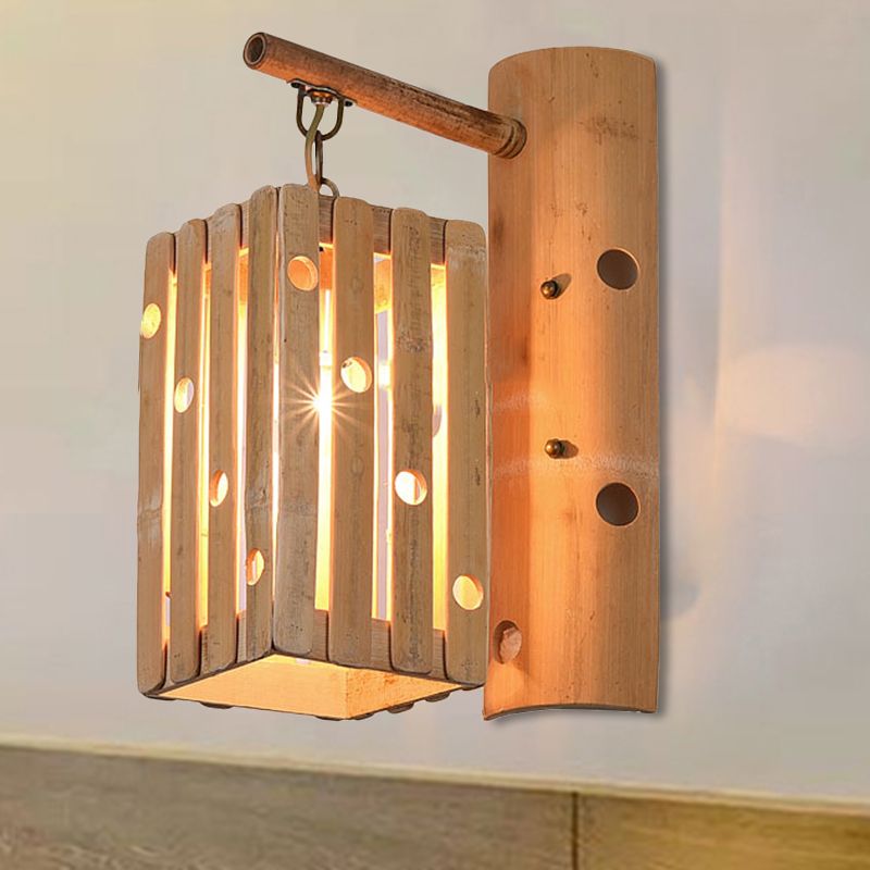Lámpara de pared rectangular Bambú Bambú Iluminación de pared de madera de 1 luces con diseño perforado para dormitorio