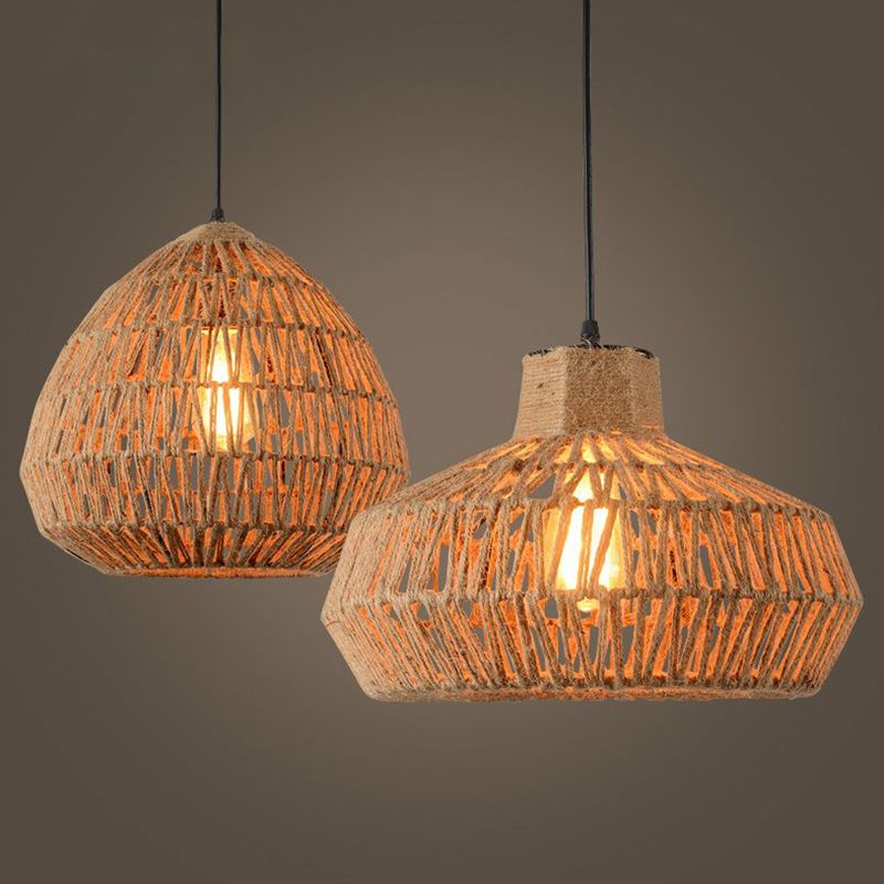 Vintage Style Caged Hanging Light Single-Bulb Hemp Rope Lighting Pendant in Brown