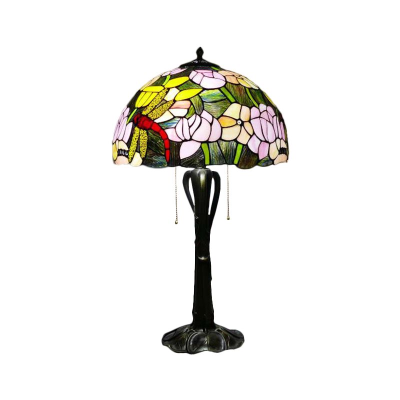 Cone/Dome Nightstand Lighting Victorian Cut Glass 2-Head Gold Pull Chain Table Lamp with Blossom Pattern