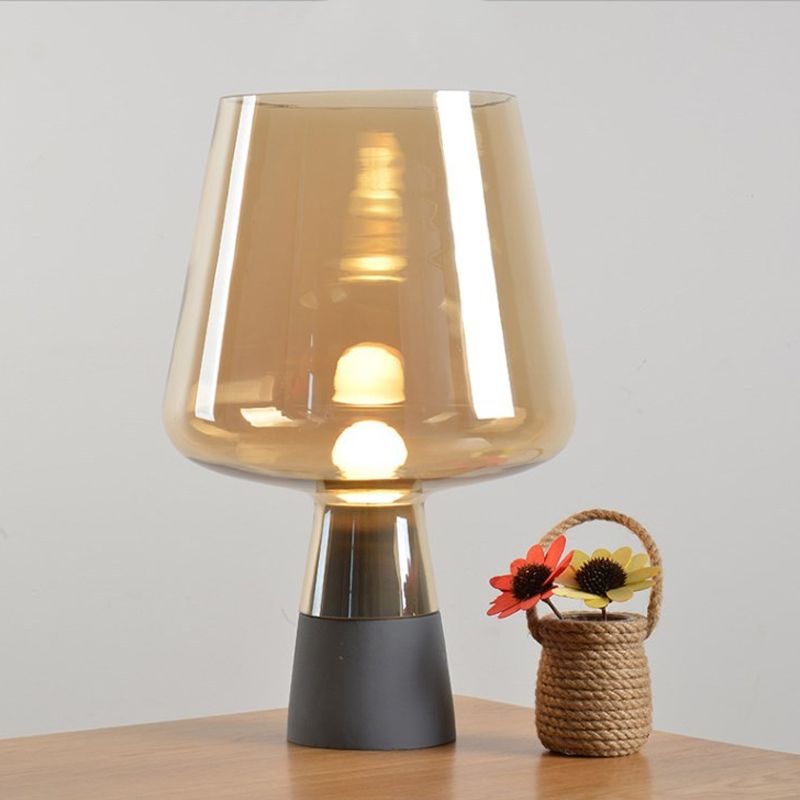 Truncated Cone Cognac Glass Table Lamp Mid Century Single 8"/10" Wide Grey Nightstand Light with Open Top Design