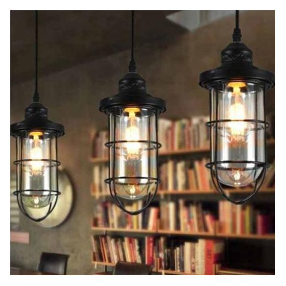 2/3 Bulbs Caged Multiple Lamp Pendant Industrial Black Clear Glass Hanging Light Kit, Linear/Round Canopy