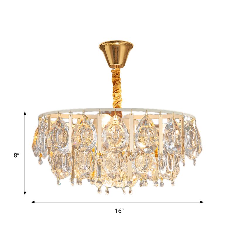 Round Teardrop Crystal Hanging Light Kit Contemporary 3/4 Lights Gold Chandelier Light, 16"/19.5" Wide