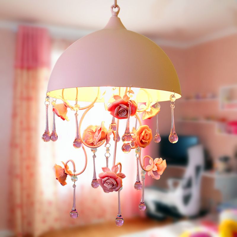 1 Light Dome Pendant Lamp Pastoral Pink Metal Rose Hanging Light Fixture for Living Room