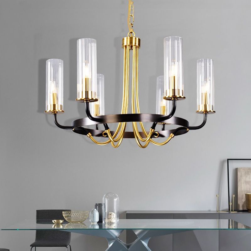 Clear Glass Tubular Ceiling Chandelier Colonial Style 6/8 Heads Bedroom Pendant Lighting Fixture in Black/Gold with Metal Ring Design