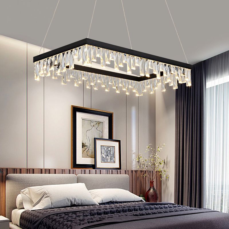 Rectangle Hanging Light Modern Crystal Block 16"/23.5" Wide LED Black Chandelier Lighting