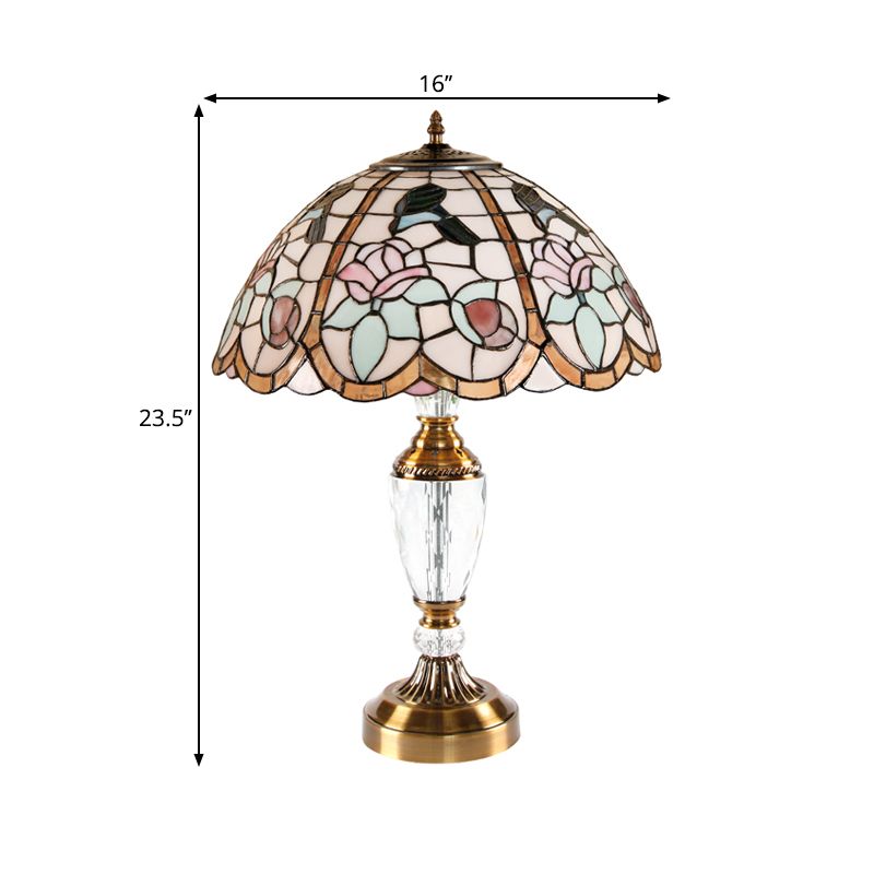 Domed Table Light 1 Head Stained Glass Tiffany Nightstand Lamp with Rose Pattern in White