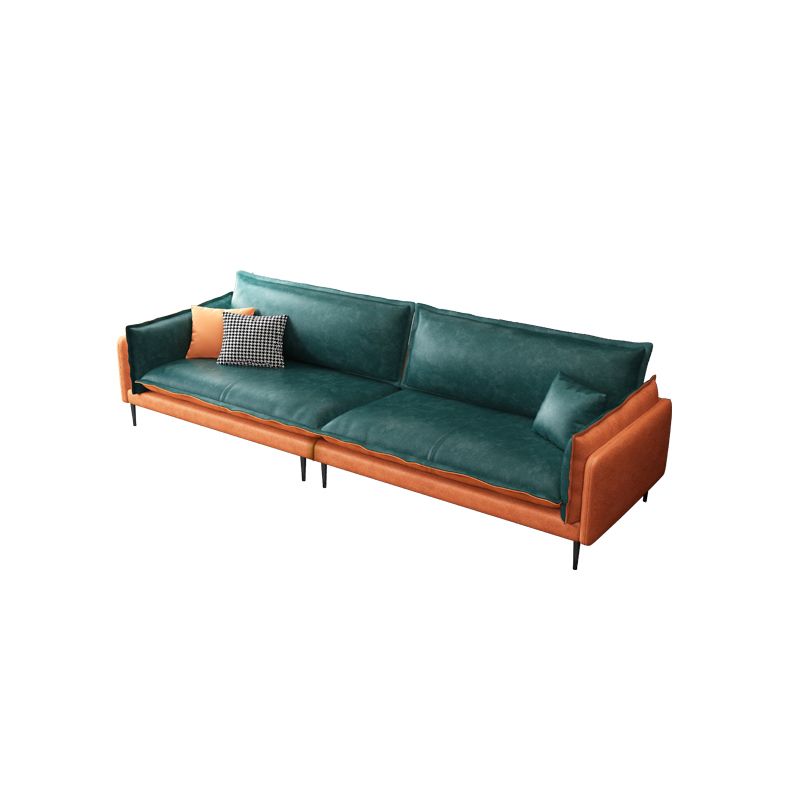 Square Arm Contemporary Faux Leather Sofa Couch in Green and Orange