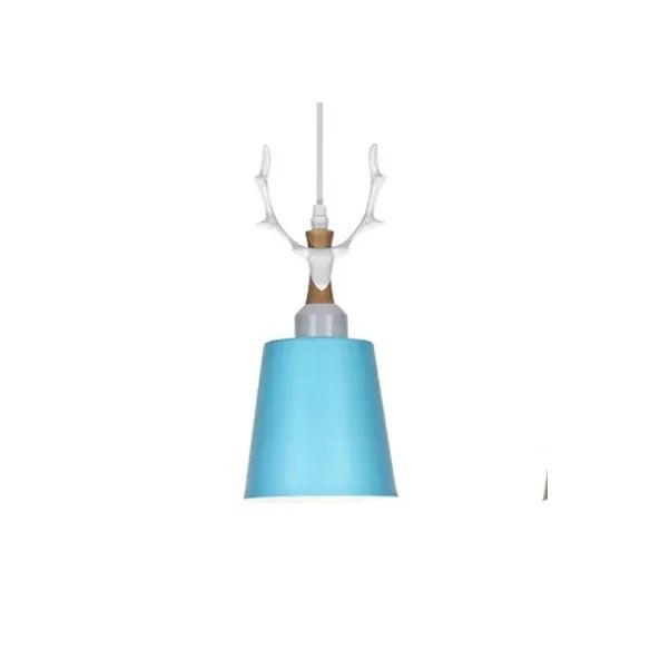 Macaron Style Bucket Hanging Light with Antlers 1 Light Metal Pendant Light for Balcony Foyer