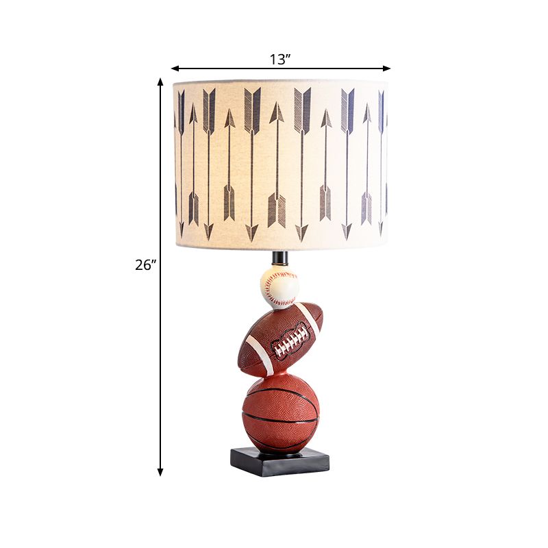 Cylinder Bedroom Task Light Fabric 1 Light Cartoon Night Table Lamp with Ball Decor in Brown