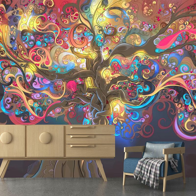 Entwined Tree Wall Mural Decal for Girl Fantasy Wall Covering in Yellow and Pink, Custom Size Available