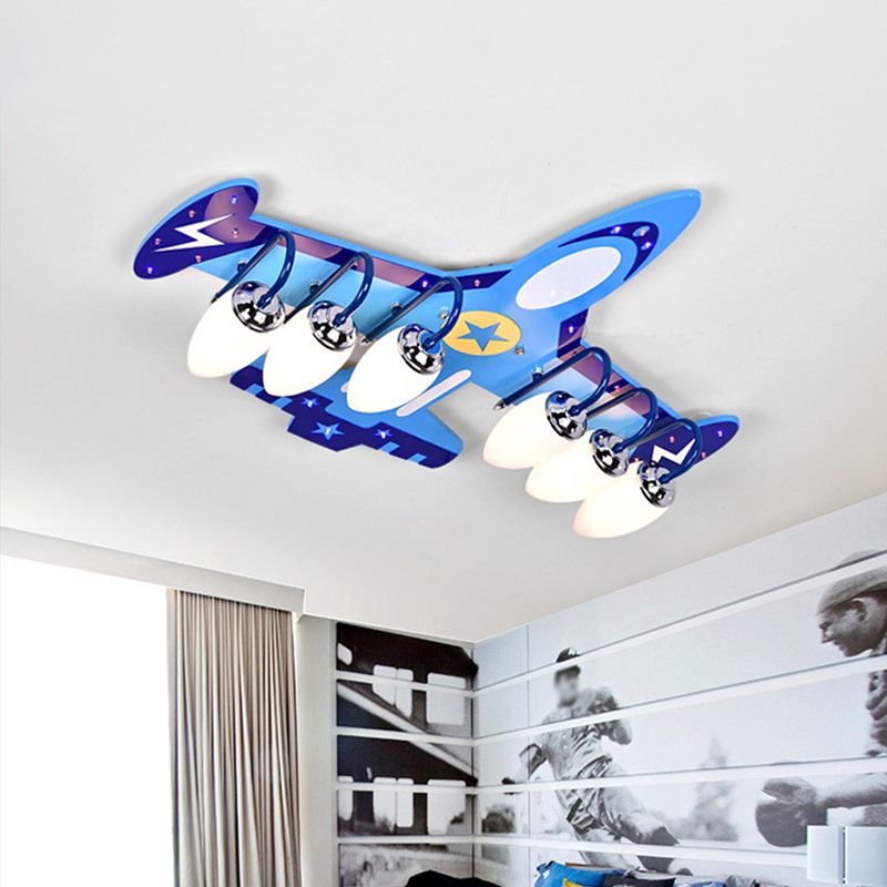 Wood Jet Ceiling Flush Light Cartoon 6 Bulbs Blue Flush-Mount Light Fixture for Child Room