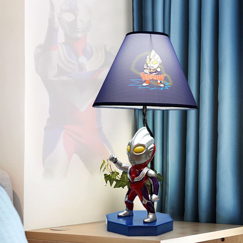 Blue Barrel/Trapezoid Table Lamp Kids 1 Head Fabric Nightstand Lighting with Ultraman Decoration