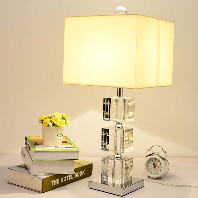 1 Head Cuboid Fabric Task Lighting Modernism Hand-Cut Crystal Small Desk Lamp in Beige