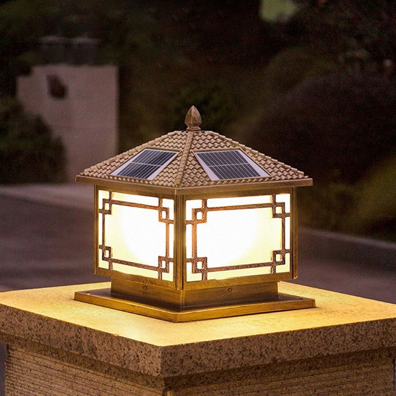 Traditional Lantern Solar Post Lamp Frosted Glass LED Street Lighting in Antiqued Brass