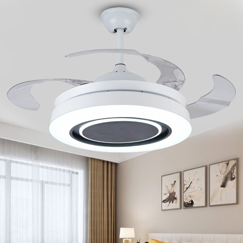 White Round Semi-Flush Mount Nordic 19" Wide LED Metallic Hanging Fan Light Fixture, 4 Blades