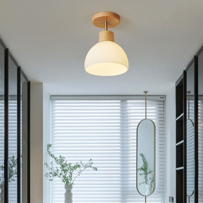 Glass Shaded Ceiling Light Modernism Wood Flush Mount Lighting for Home