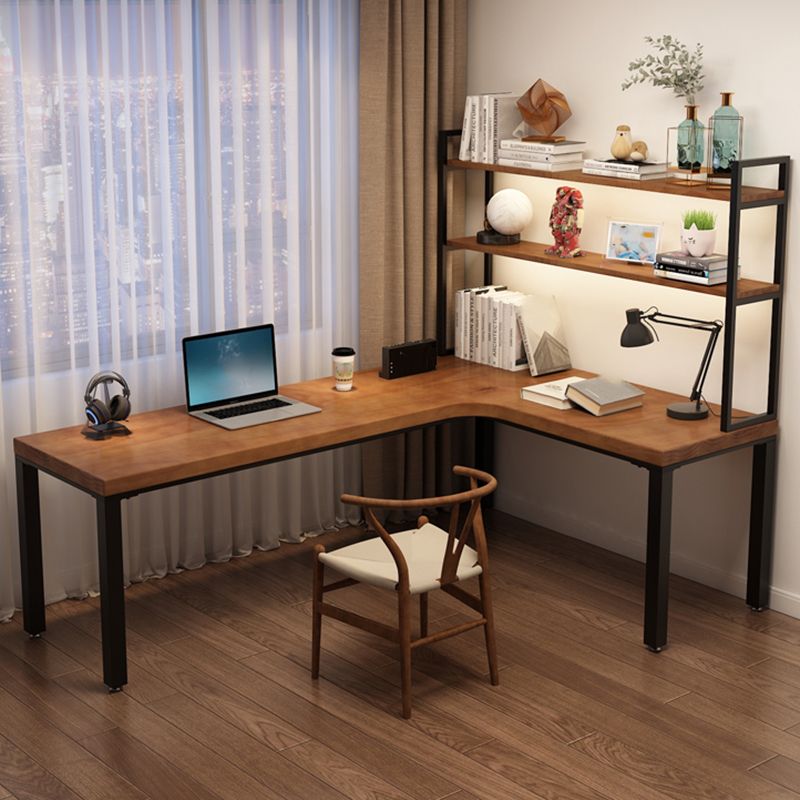 L-Shaped Office Laptop Table Wood Writing Desk in Brown with 5-Legs