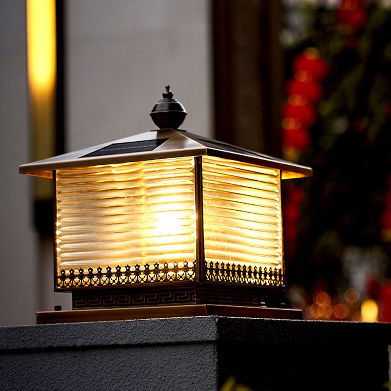 Rectangle Shape Metal Pillar Lamp Modern Style 1 Light Solar Outdoor Light in Brass