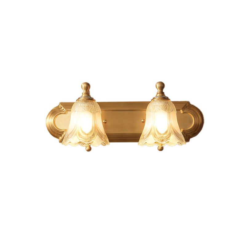 Gold Finish Floral Vanity Lighting Antique Semi-Opaque Glass Bathroom Wall Light Fixture