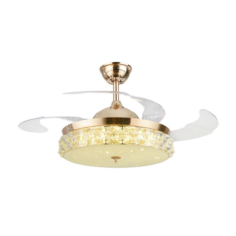 4-blade LED-slaapkamer hanger ventilatorlamp armatuur modern gouden semi-spoelmontage licht met ronde afgeschuinde kristalschaduw, 19 "breed