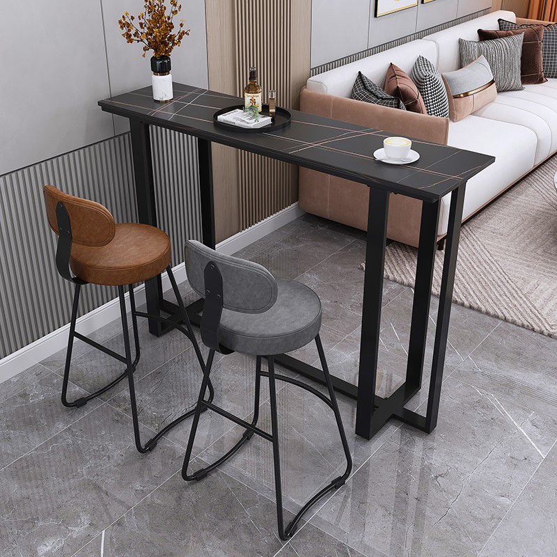 Industrial Black Iron Bar Dining Table Stone Top Indoor Bistro Table with Footrest