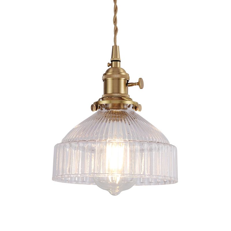 Bowl Living Room Hanging Light Kit Industrial Clear Ribbed Glass 1 Light Brass Pendant Lighting