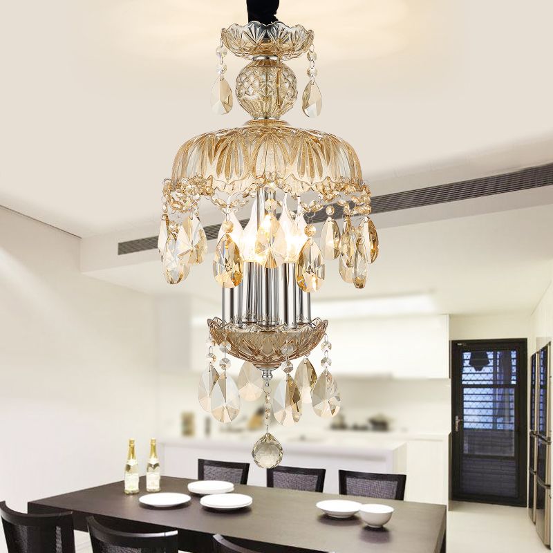 Crystal Teardrop Pendant Light Vintage Style 4 Lights Hanging Ceiling Light with Glass Shade in Amber