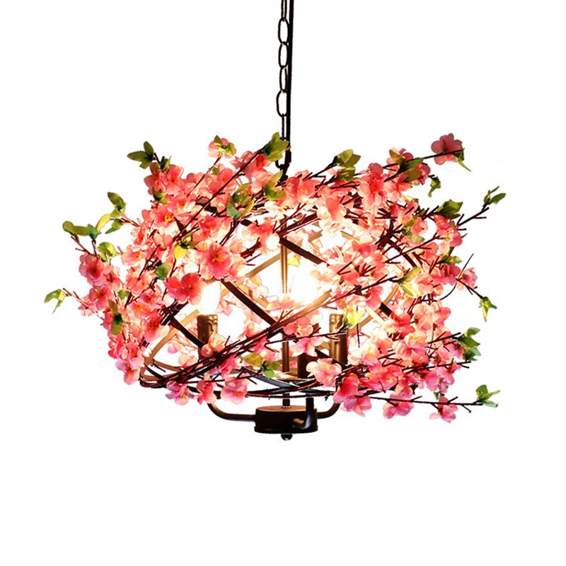 Metallic Cage Suspension Light Retro 4 Bulbs Restaurant Chandelier Light with Decorative Flower in Pink