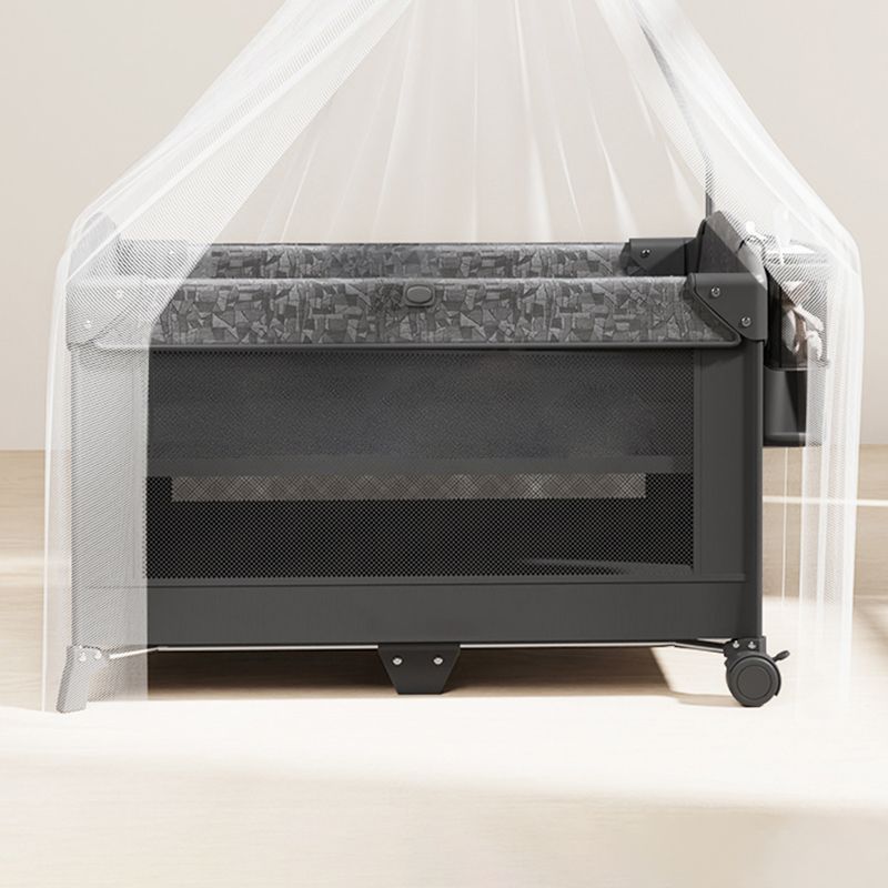 4-in-1 Folding Crib in Black and Gray Mattress Included Crib with Storage and Casters