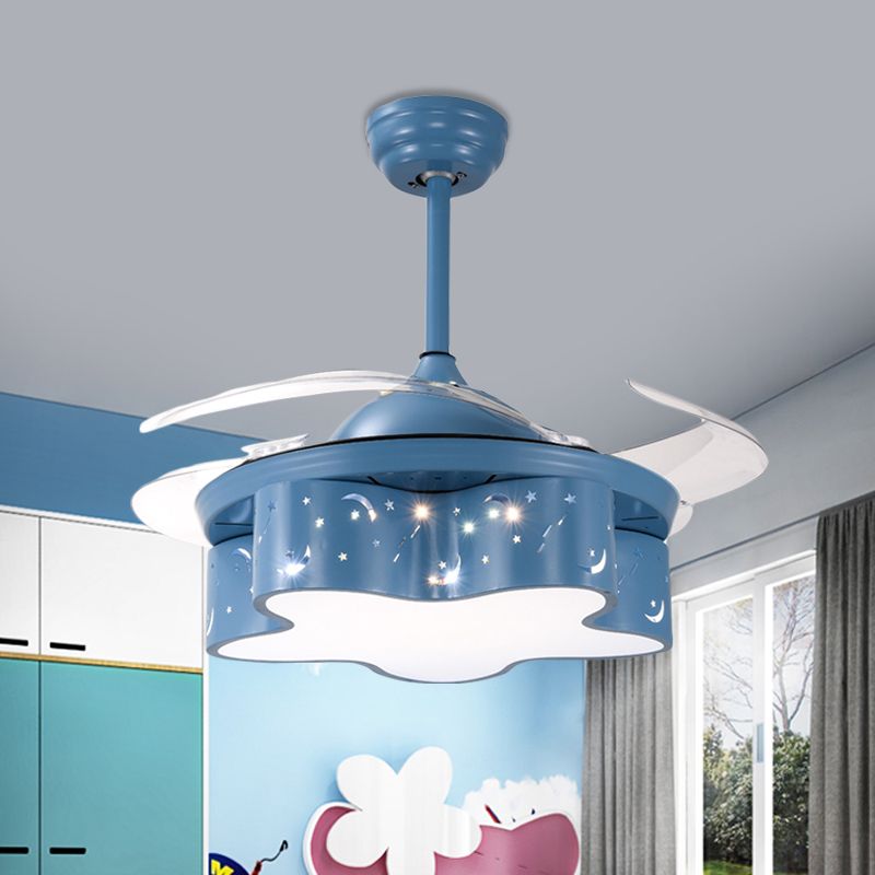 Star Shape Bedroom Pendant Fan Lighting Metal Nordic Kids 4 Clear Blades LED Semi Flushmount in White/Pink/Blue, 66" Wide