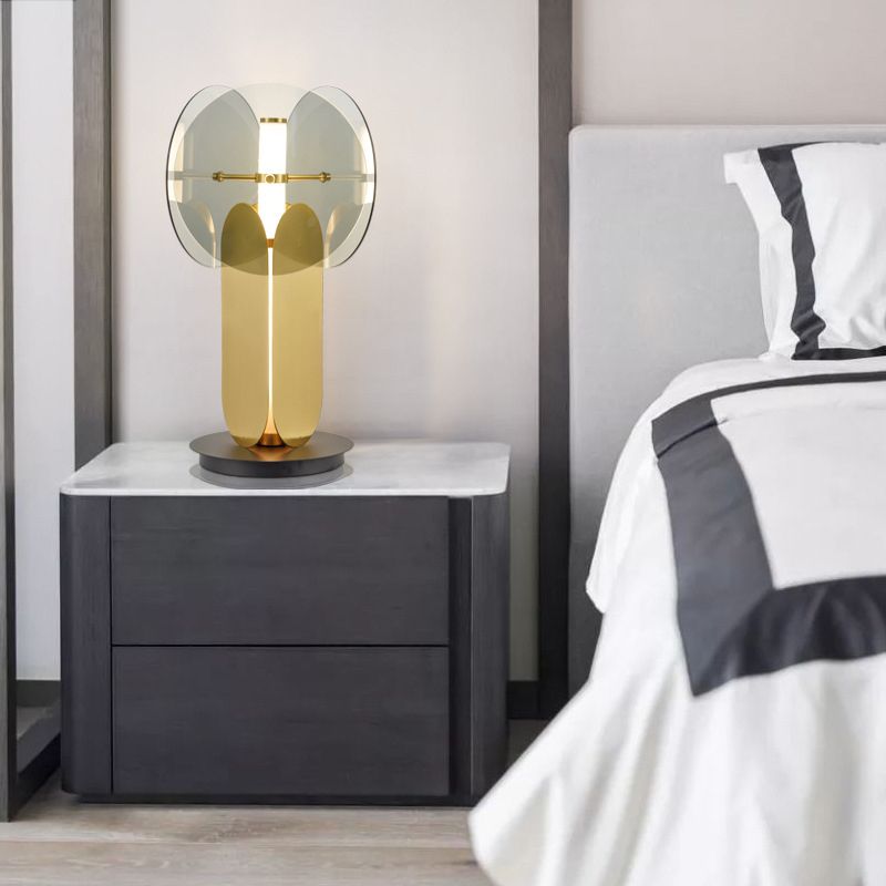 Circular Metal Nightstand Lamp Post-Modern Smoke Gray Glass 1 Light Living Room Table Light in Gold