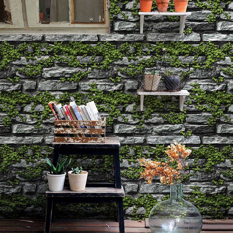 Retro Plant and Brick Wallpaper Roll for Bar Decoration, Neutral Color, 33'L x 20.5"W
