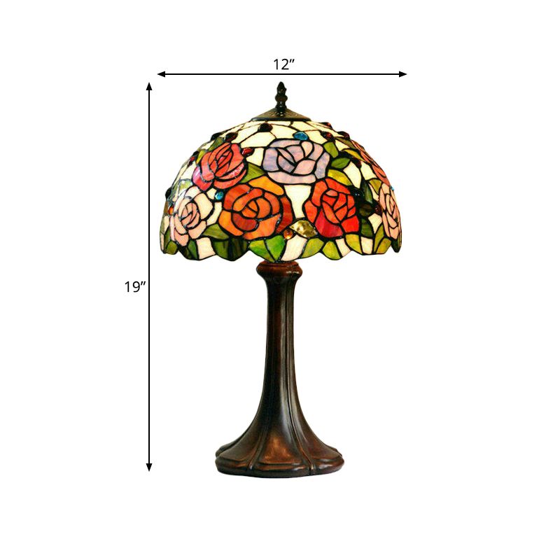 1-Head Jeweled Table Lamp Tiffany Bronze Handcrafted Art Glass Night Lighting with Blossom Pattern