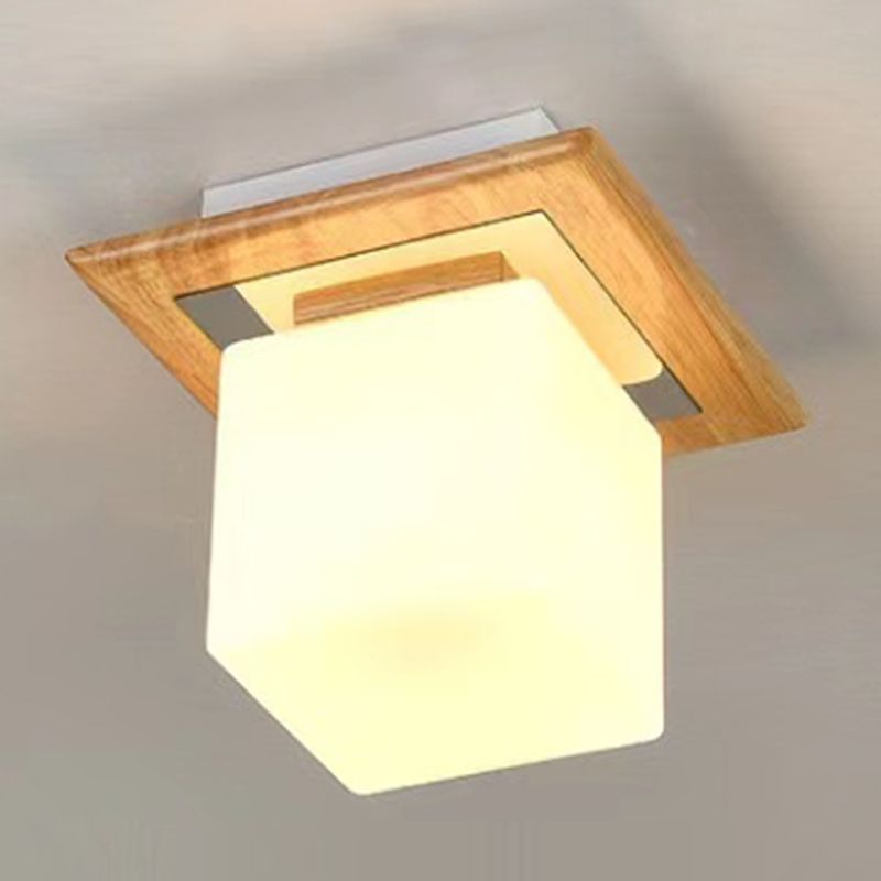 Modern Wood Flush Mount Square Shape Ceiling Light with Glass Shade for Living Room