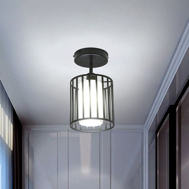 Conical/Cylindrical Shade Ceiling Flush Mount with Metal Cage Simple 1 Bulb Semi-Flushmount Lamp in Black Finish