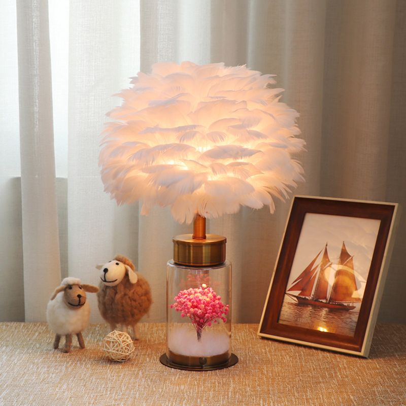 Feather Globe Study Lamp Nordic 1 Bulb Desk Light with Bottle Base and Inner Flower Decor in Grey/White/Pink