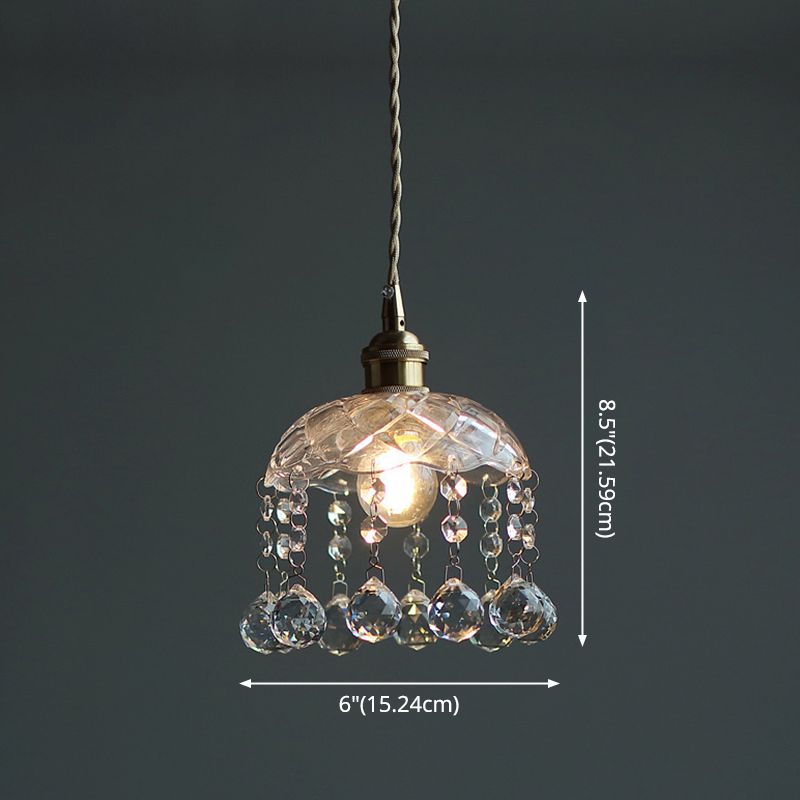 Brass 1-Head Ceiling Light Vintage Clear Glass Flower Pendant Light with Teardrop Crystals