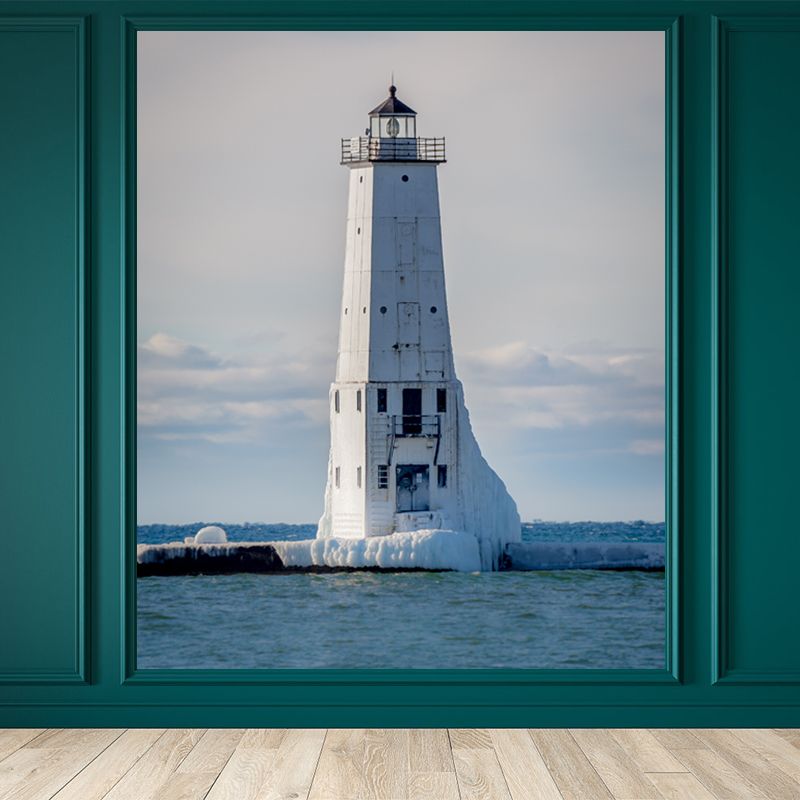 Huge Tall Lighthouse Mural Decal for Bathroom Landscape Wall Art in White, Stain-Proof