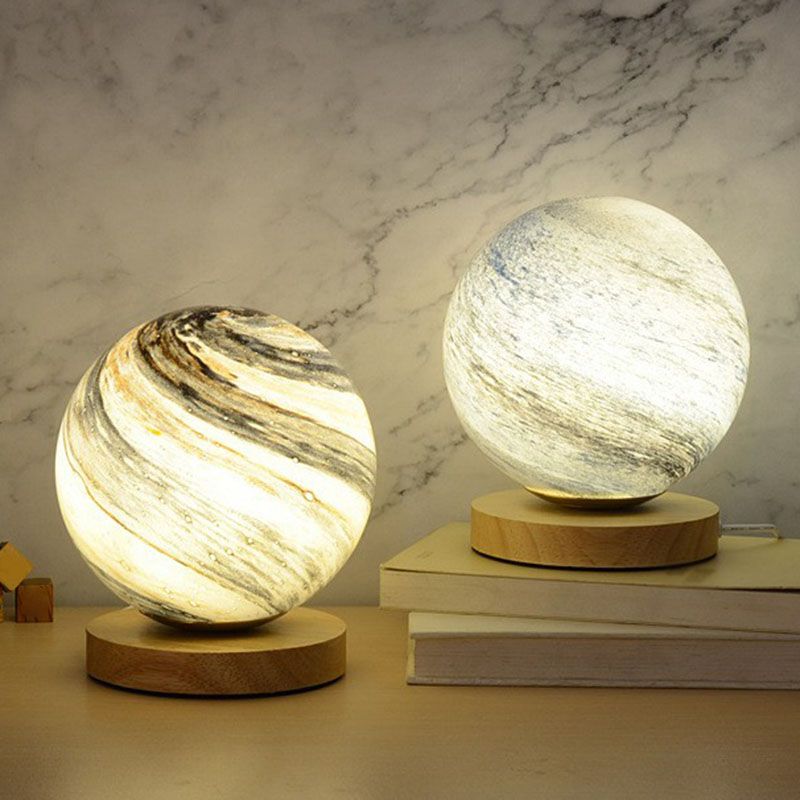 Glass Planet Mini Night Lighting Post-Modern 1 Bulb Table Light with Wooden Base