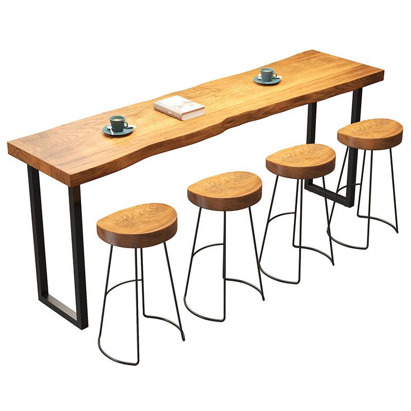 Pine Wood Top Rectangular Pub Table Modern Bar Table with Double Pedestal in Black