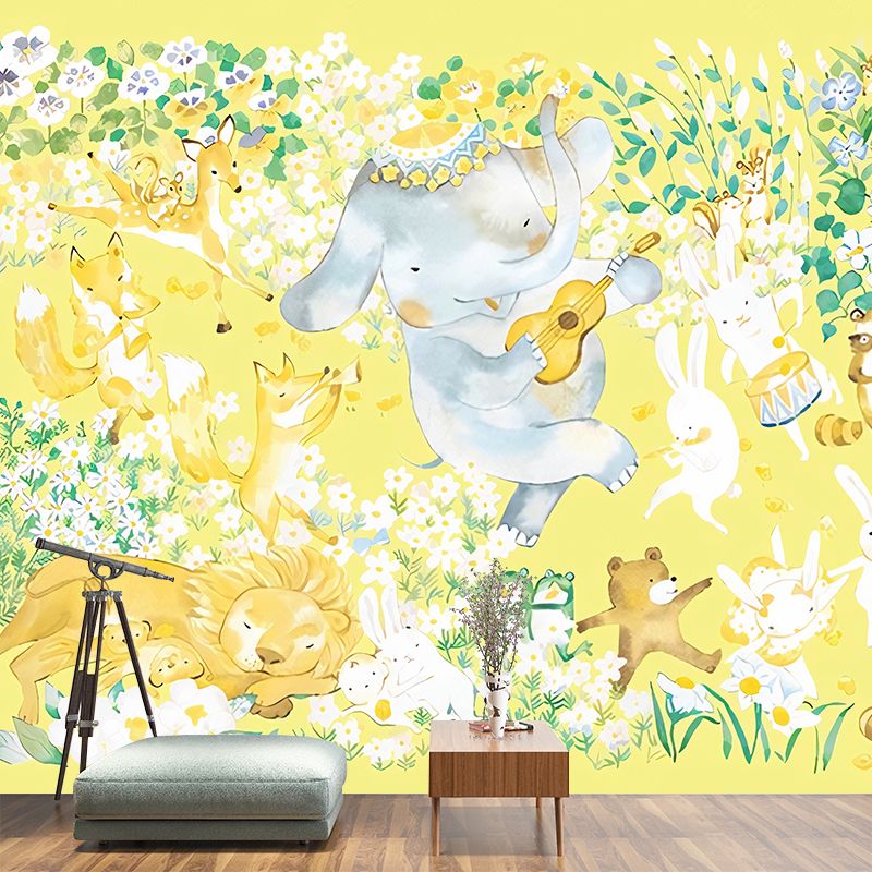 Cartoon Animal Orchestra Wall Murals Childrens Art Smooth Wall Decoration in Purple