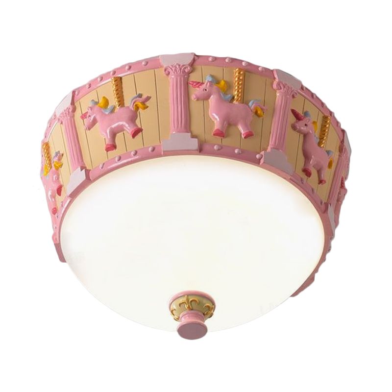 Resin Dome Flush Mount Light Kids Pink/Green LED Flushmount with Carousel Pattern in White/Warm Light