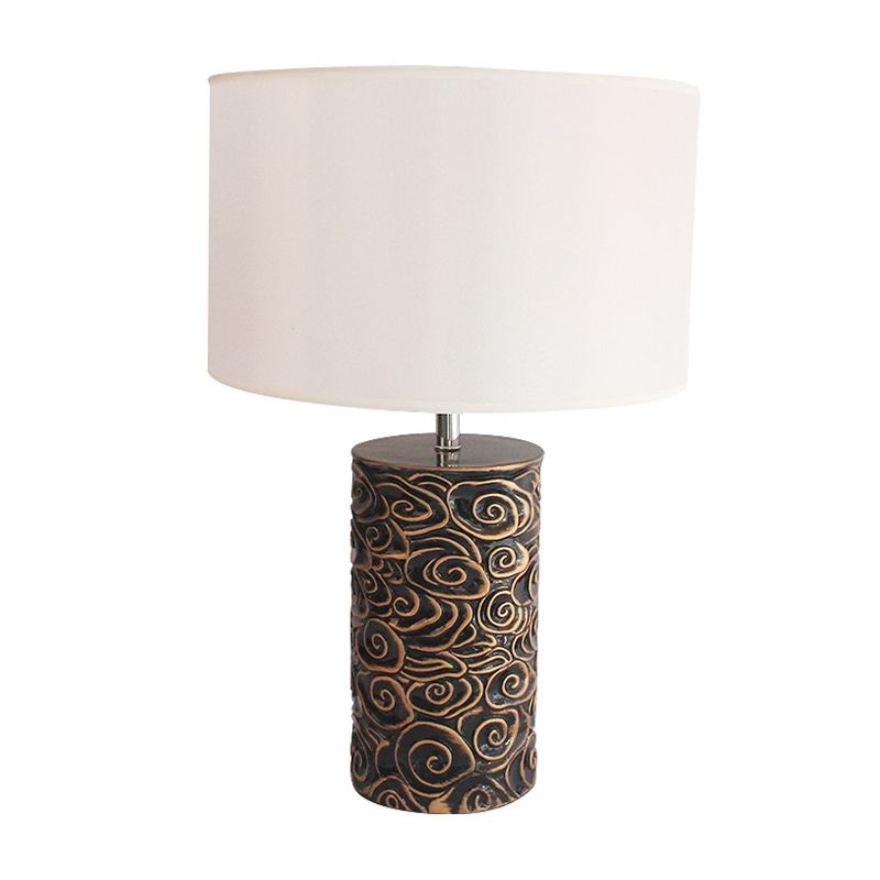 1 Head Resin Table Lighting Vintage Bronze Scroll Patterned Pillar Bedroom Night Lamp with Round Fabric Lamp Shade